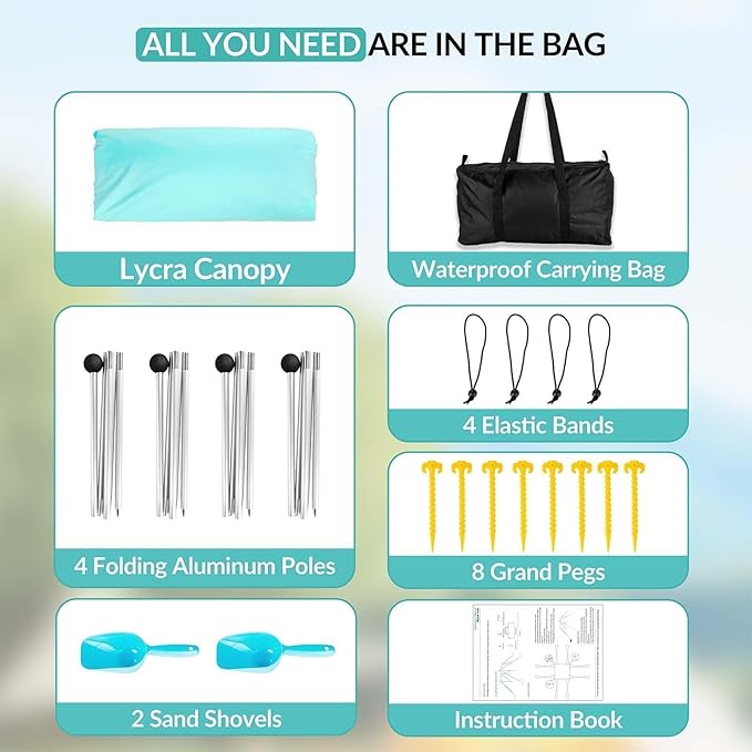 Gardentime Beach Tent Canopy with 8 Sandbags 4 Aluminum Poles Pop Up Portable Camping Sun Shelter Easy Set Up with 2 Sand Shovel Ground Pegs Carrying Bag for Outdoor BeachPicnic Fishing
