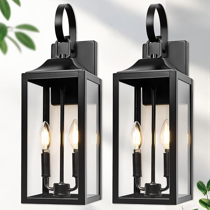 19 Large Outdoor Wall Light - Black Outside Wall Mounted Light Fixture Exterior Farmhouse Wall Sconce Lantern 2-Light Modern Porch Lighting Exterior Lamp for House 2 Pack