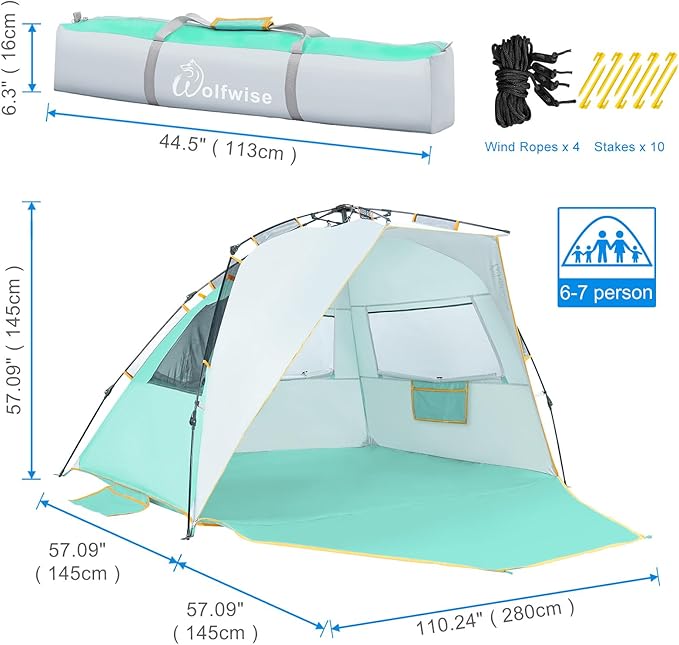 Wolfwise Instant Beach Tent Sun Shelter with Zippered Extendable Porch for Privacy Portable Beach Tents with Carrying Bag Easy Setup Pop up Beach Shade for 6-7 Person 110 x57x57 in Mint Green