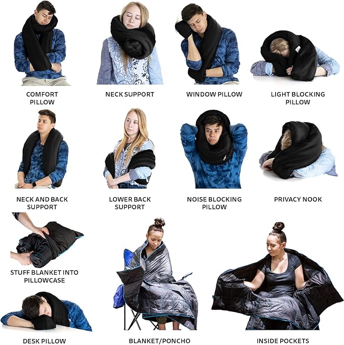 NAPRO Travel Pillow &amp Camping Blanket 3 in 1 Ripstop Nylon Infinity Pillow &amp Square Travel Pillow Cases with 82 X 54 Synthetic Down Filled Blanket/Poncho/Pillow Fill Adventure Black/Turqu