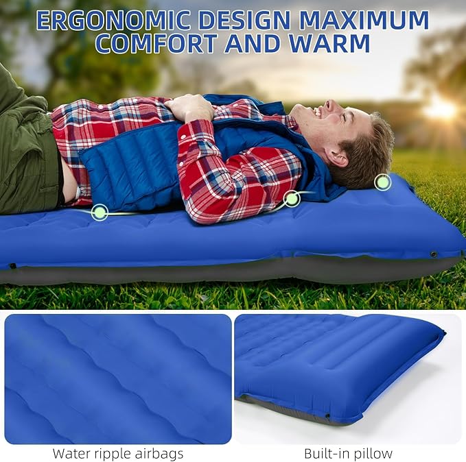 Camping Sleeping Pad Extra Thick 5 Inch Camping Mat with Pillow Built-in Foot Pump Inflatable Sleeping Pads Compact for Camping Backpacking Hiking Traveling Tent（Blue Grey）