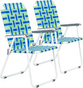 Bonnlo Foldable Patio Chair Set of 2 Heavy-Duty Steel Frame Supports 265 lbs/120 kg Ultra-Lightweight Portable for Travel Poolside Camping Beach (Green and Blue Crisscross Weave)