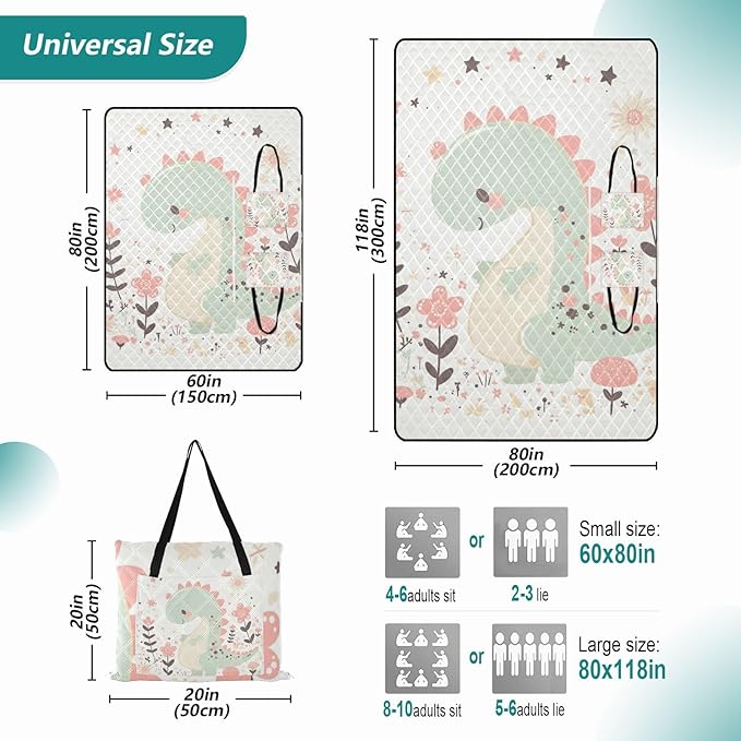 KLL Cartoon Dinosaur Childlike Doodle Style Pastel Colors Waterproof Picnic Accessories Water Resistant Grass Garden Mat for Ground Spring Gifts cobija para picnic