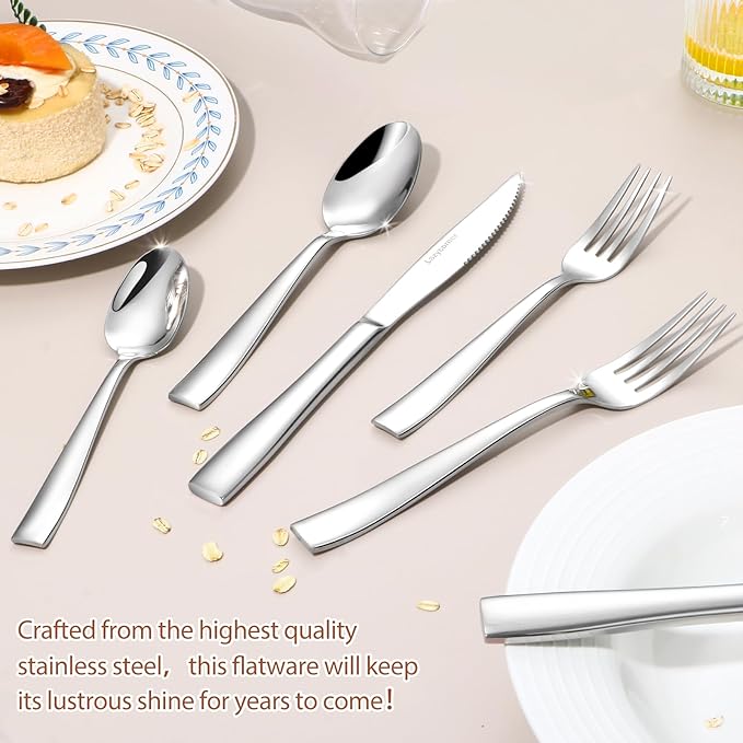 Lazycorner Silverware Set for 6 18/10 Stainless Steel Flatware Set 30-Piece Mirror Polished Modern Cutlery Set include Fork Knife Spoon Set(Dishwasher Safe)