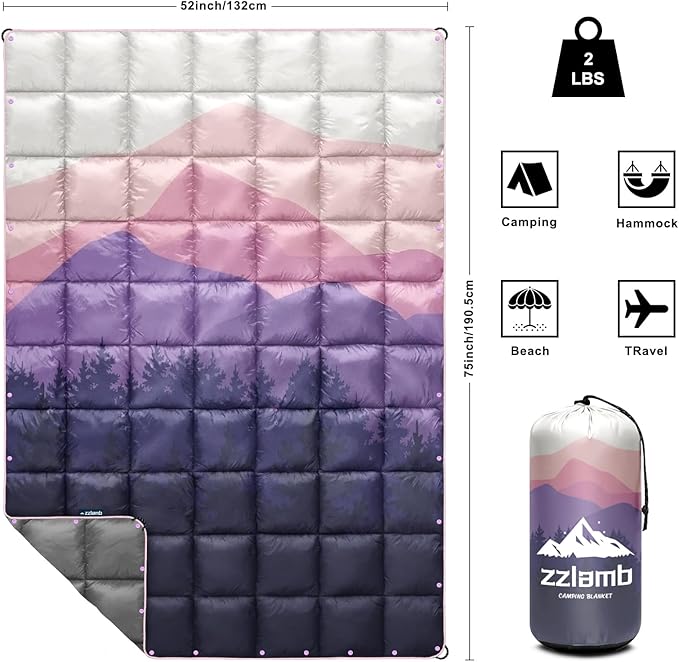 zzlamb Camping Blanket for Cold WeatherOutdoor Puffy Blanket Portable Down AlternativeWindproof Warm Cloak with SnapsCozy Quilt Backpacking Picnic RV Travel Plane Car Hammock Beach Climbing