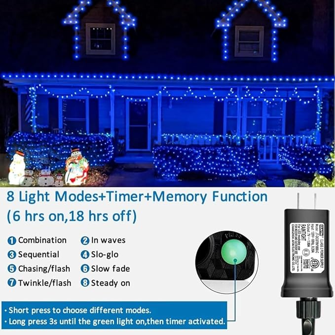 YEGUO 165ft 500 LED Blue Christmas Lights Outdoor Waterproof Clear Wire String Lights Indoor Plug in 8 Modes Twinkle Tree Light for Xmas Party Garden