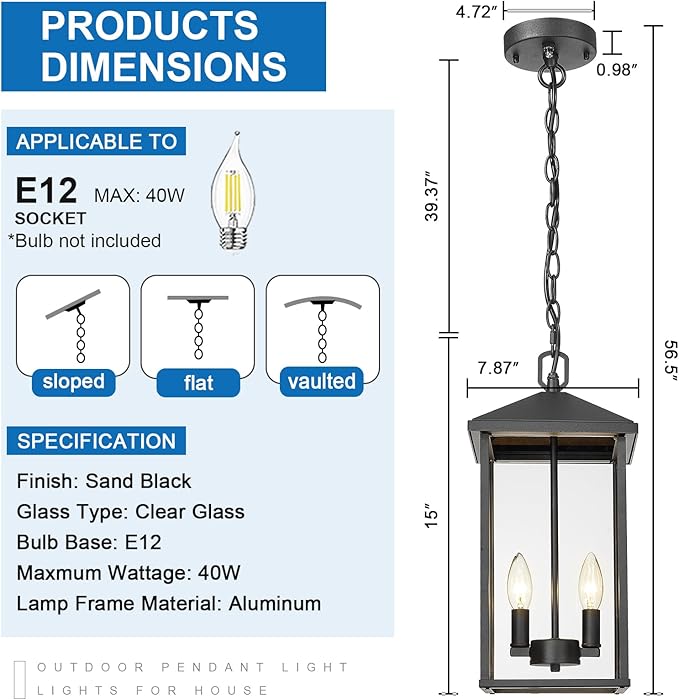 Large Outdoor Pendant Light Matte Black Hanging Light Fixture Ceiling Mount 2-Light Dusk to Dawn Modern Large Outdoor Chandelier with Clear Glass Exterior Pendant Lights for Porch Patio