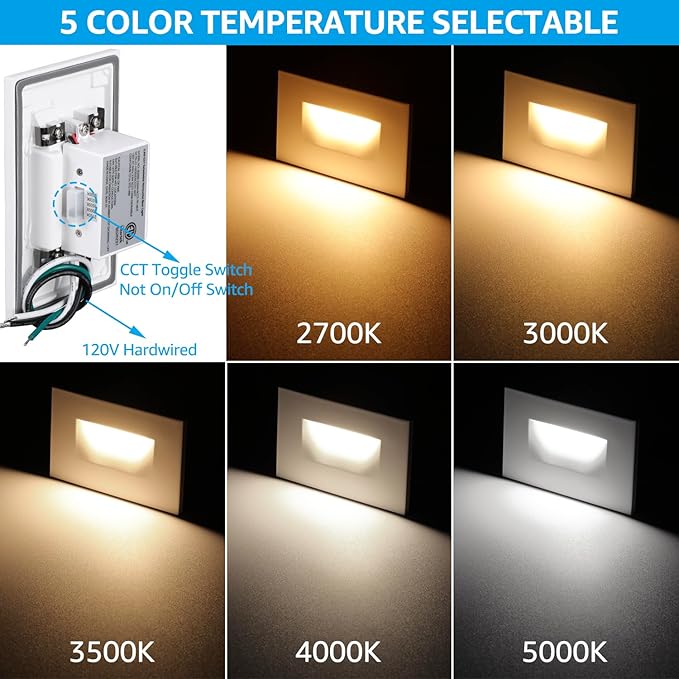 LEONLITE White 5CCT 120V LED Step Lights 3.5W 150LM 5%-100% Dimmable Horizontal Stair Lights Indoor Outdoor Wet Location CRI90+ &amp ETL 2700K/3000K/3500K/4000K/5000K Aluminum Pack of 3