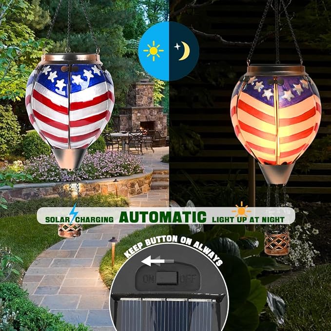 Hot Air Balloon Solar Lantern - U.S Flag Patriotic Glass Lantern Simulated Flickering Dancing Flame Outdoor Hanging Yard Light Waterproof IP65 Ideal 4th of July Gift for Patriot Patio Decor