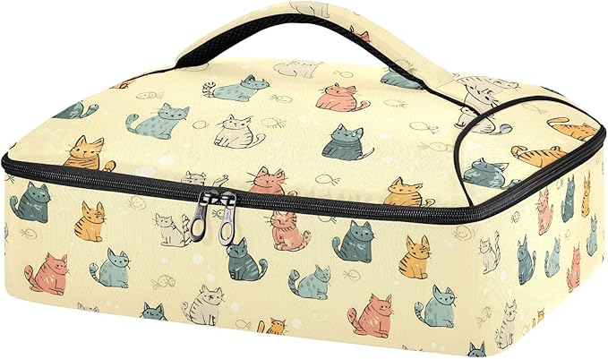 Casserole Carrier Interesting Patterns Cats and FishInsulated Casserole Carrier for Hot or Cold Food Thermal Lunch Tote for Potluck Parties Picnic Fits 9 x 13 Inches Baking Dish