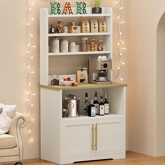 GAOMON Farmhouse Bakers Rack with Storage Cabinet and Charging Station Kitchen Hutch with Thickened Tabletop Power Outlets &amp USB Ports Pantry Organizer Shelf for Kitchen and Dining Room Wood