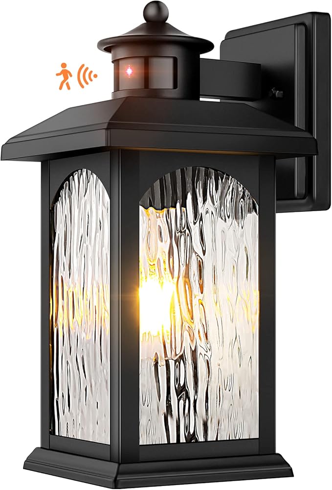 Motion Sensor Outdoor Wall Lantern Updated Dusk to Dawn Outdoor Lighting Exterior Light Fixtures Black Porch Lights &amp Outside Wall Sconces with Water Rippled Glass for Patio Garage Entryway Hou