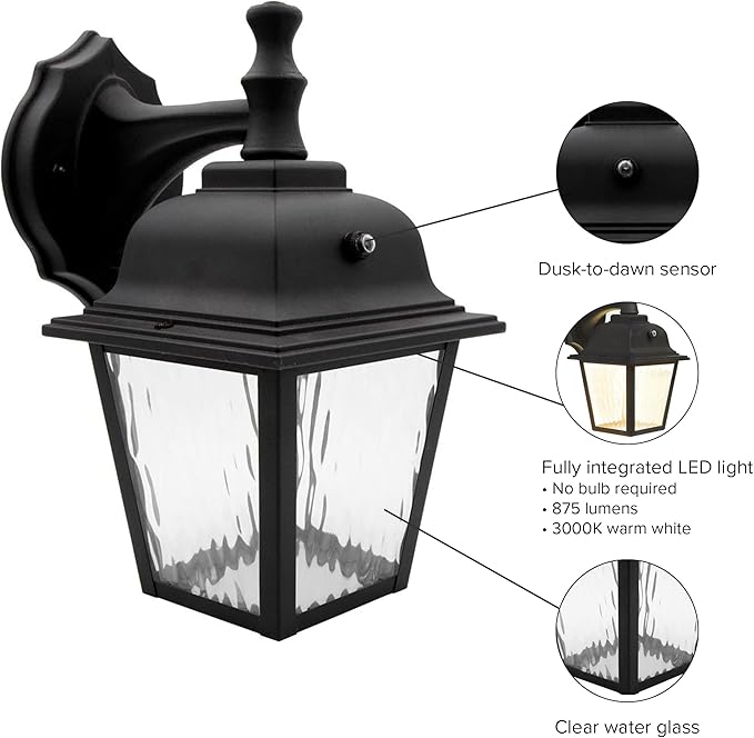 Maxxima LED Porch Lantern Outdoor Wall Light Fixture - Black Clear Water Glass Photocell Sensor 875 Lumens 3000K Warm White Dusk to Dawn Light Sensor Exterior Decorative Light