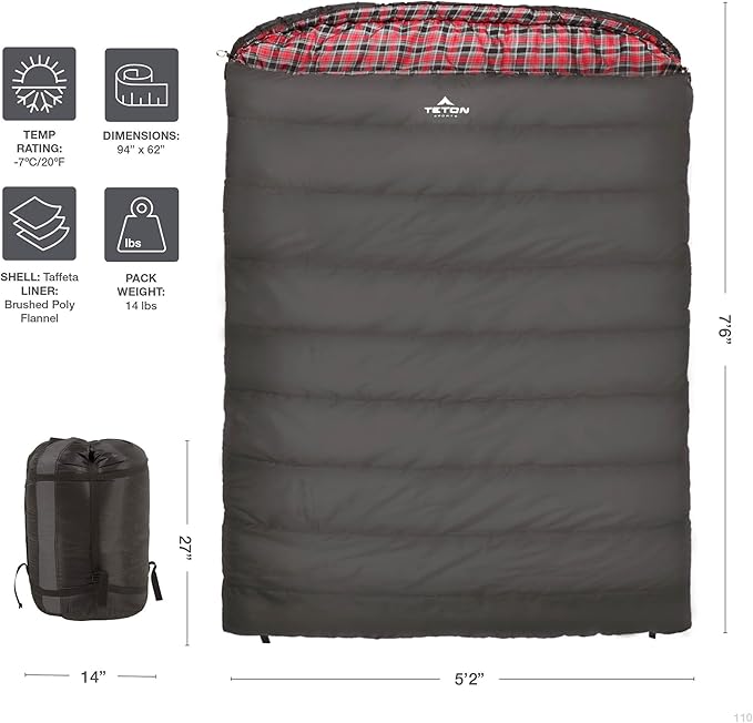Teton Mammoth Queen Size Double Sleeping Bag- A Warm Bag The Whole Family can Enjoy – Great for Camping Hunting and Base Camp. Compression Sack Included