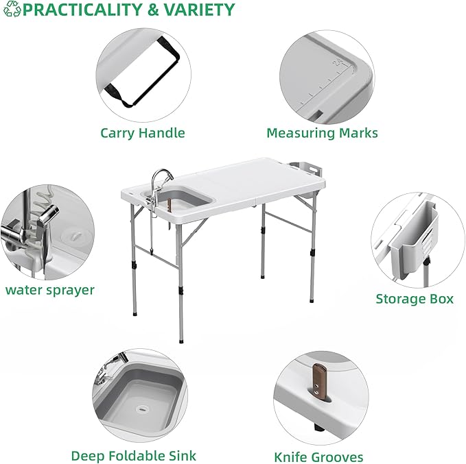 Allpop Fold-in-Half Fish Cleaning Table with Sink &amp Carrying Bag 50'' Portable Folding Camping Fish Station with Drainage Hose Faucet Sprayer Storage Box &amp Grooves for Picnic White