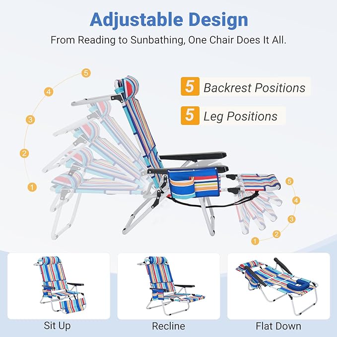 3 N 1 Beach Chair w/ Face Cushion &amp Arm Holes Lightweight Lawn Reclining Lounge Chair w/ Adjustable Backrest &amp Footrest5 Position Folding Chair for Outdoor Patio Backyard 440lb Weight Capa