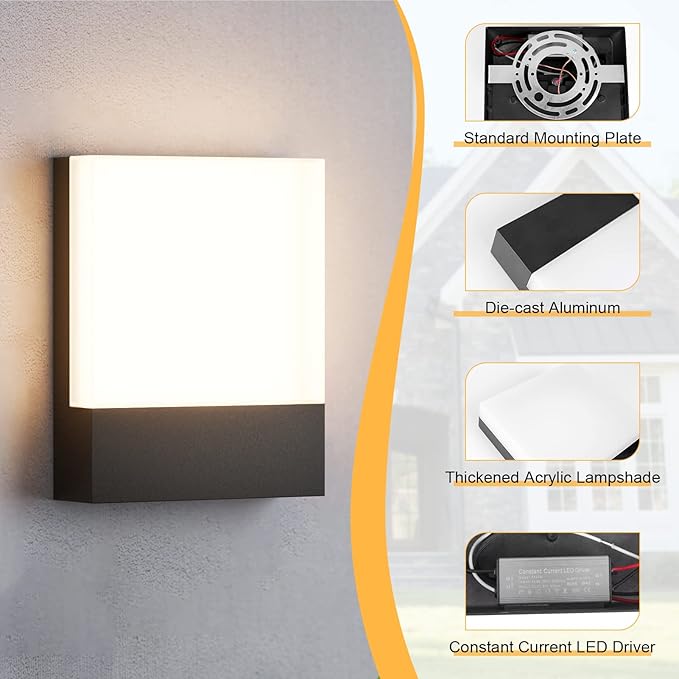 Modern Outdoor Led Wall Light 24W 3000K Wall Porch &amp Patio LightExterior Hardwired Wall Light FixturesIP65 Waterproof Square Wall Lamp for Garage Front DoorHouse Yard(Black2-Pack)
