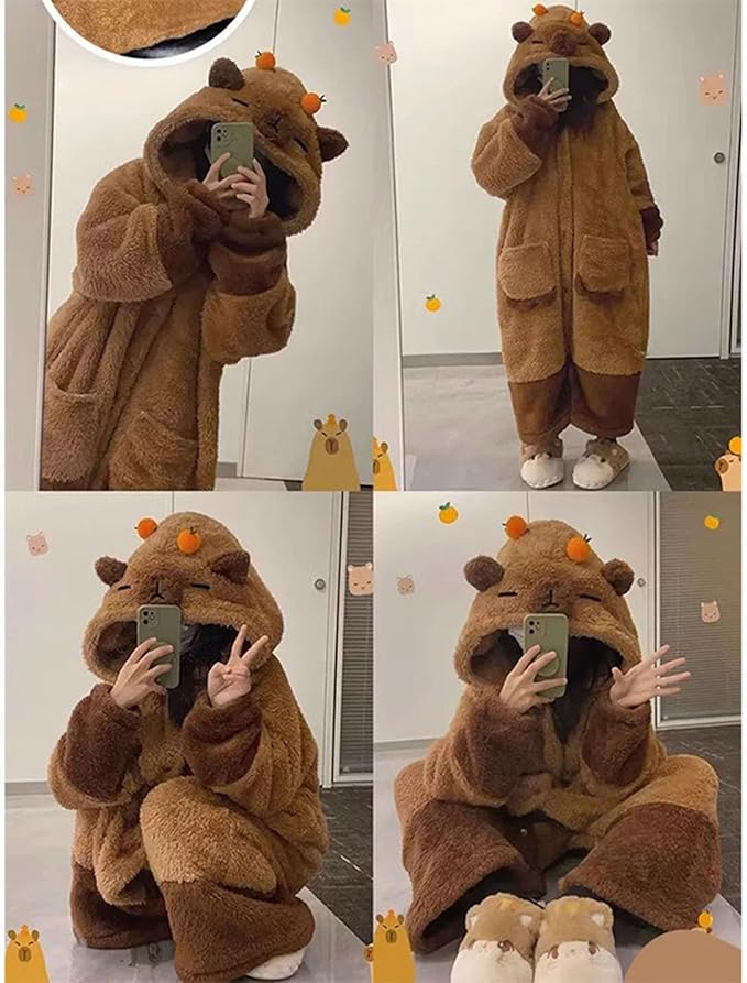 Warm one-piece blanket pajamas in autumn and winter cute shark capybara robe hooded coral velvet padded velvet home clothes.