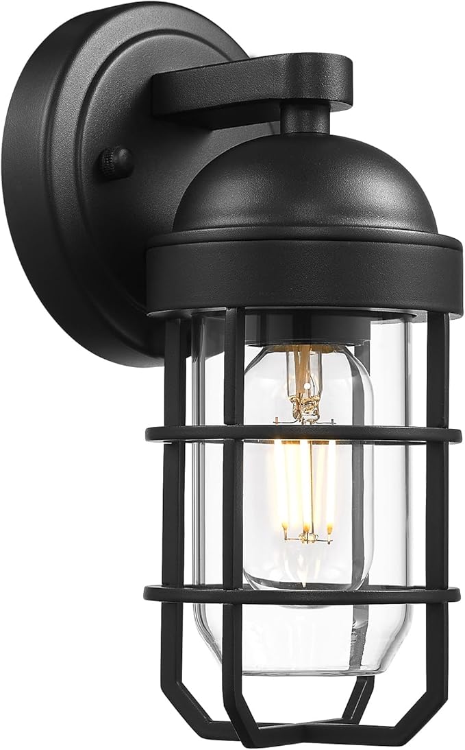 Emliviar Modern Outdoor Wall Light for House Porches Solid Classic Metal Cage Retro Charm Exterior Wall Light Clear Tempered Glass Black Finish GE255B BK