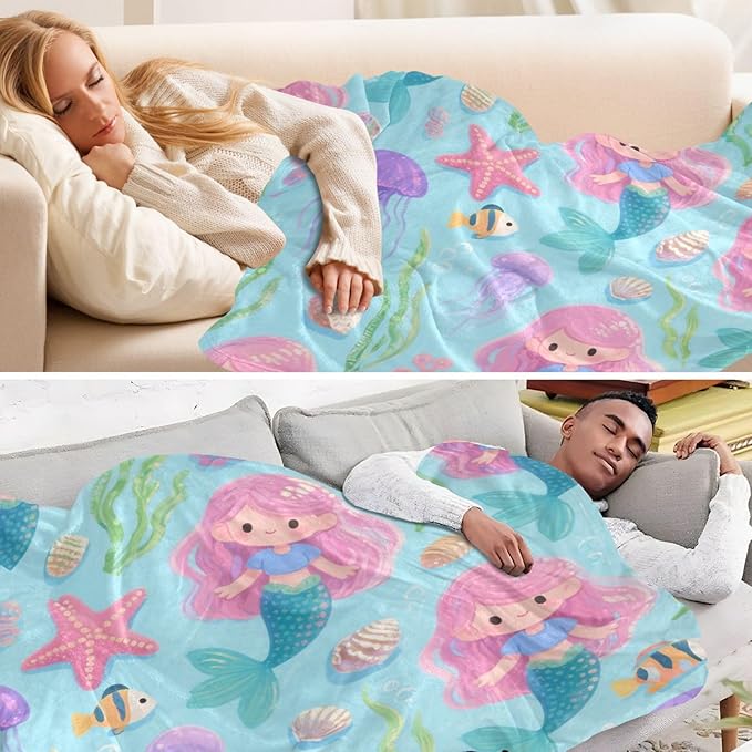 Throw Over Blanket Cute and Cartoonish Pink Mermaid Jellyfish Blanket Throw 50x70 Inches