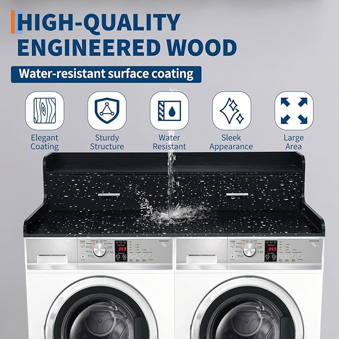 Laundry Countertop for Washer and Dryer 54''W x 27.55''D with 2 Storage Drawers &amp Edge Rails Black MDF Top for Laundry Room Organization