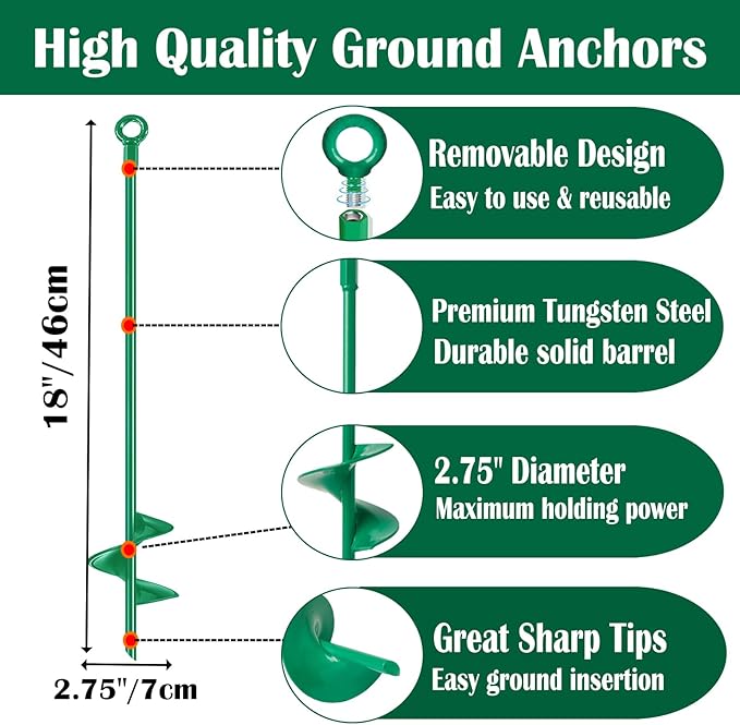 18 inch Ground Anchors Srew in Heavy Duty Earth Shed Anchor Kit Trampoline Stake Hook for Dirt Swing Sets Playset Tent Canopy Carport Mobile Home Tie Down 4 Pack