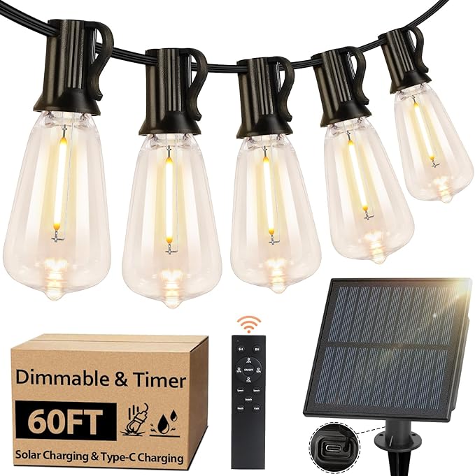 Bosceos Solar Outdoor String Lights Waterproof 60FT Solar Powered String Lights for Outside with Shatterproof Bulbs Dimmable ST38 LED Lights String Patio Hanging Lights for Backyard Garden Party