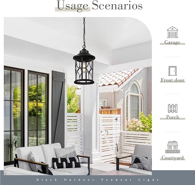 zeyu Outdoor Hanging Light Fixture - 15 Inch Farmhouse Exterior Pendant Light Fixture for Porch with Seeded Glass Black Finish ZX48MH BK