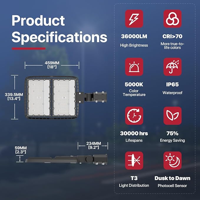 LED Parking Lot Light 300W 2Pack Commercial Outdoor Area Lighting with Dusk to Dawn Photocell Super Bright LED Shoebox Light 5000K 36000LM Slipfitter Mount for Parking Lot|Warehouse|Roadways 2 Pack