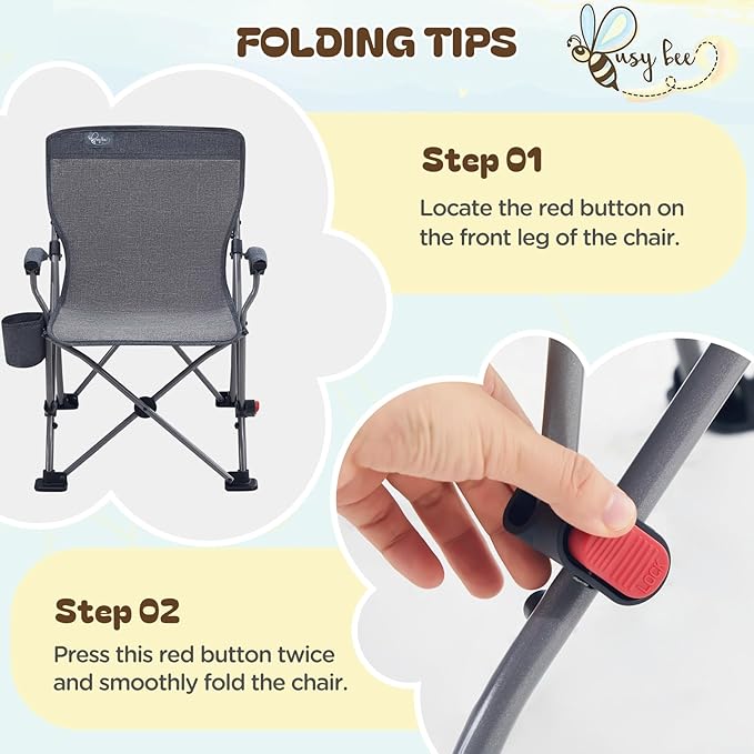 Busy Bee Oversized Kids Camping Chair with Cup Holder High Back Toddler Chair Kids Folding Chair Perfect for Beach &amp Outdoor Supports 150 Lbs.