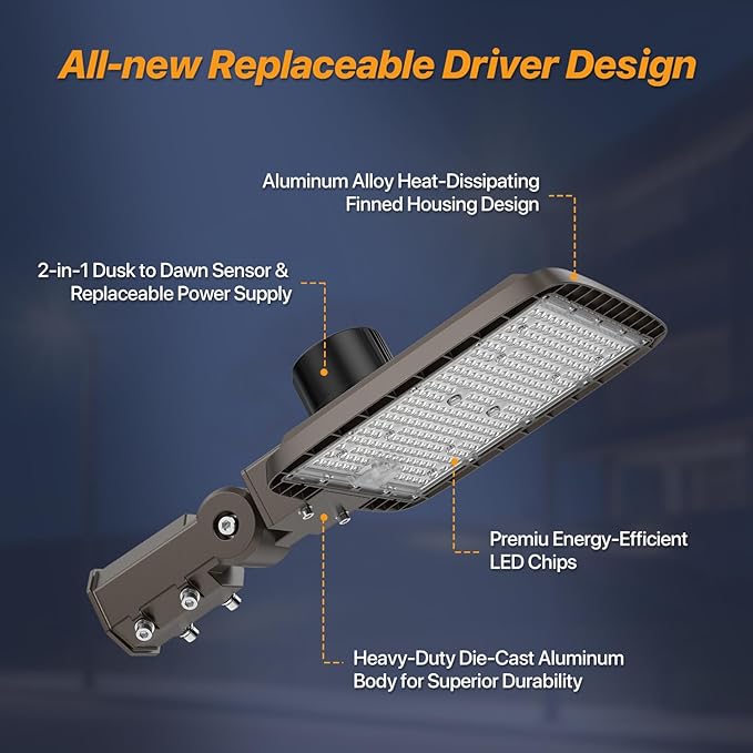 200W LED Parking Lot Light with Replaceable External Driver 30000LM Flood Light 5000K T3 Lens Dusk to Dawn Photocell AC100-277V IP65 Waterproof Outdoor Commercial Area Lighting