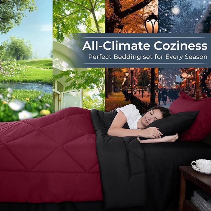 HEVUMYI Red &amp Black Full Comforter Set - 7-Piece All Season Bed in a Bag Full Ultra Soft Burgundy Bedding Set with Comforter Flat Sheet Fitted Sheet Pillowcases Pillow Shams Burgundy Red &am