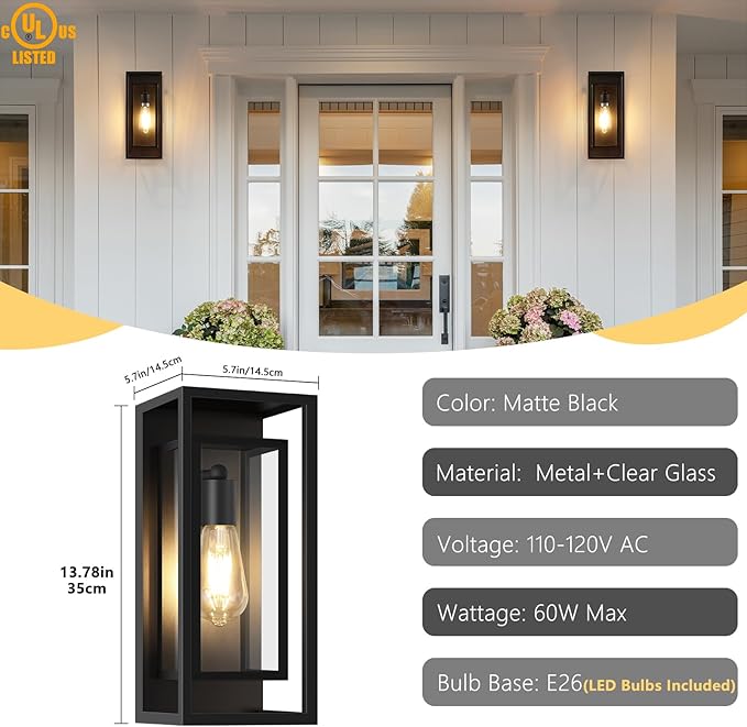 Outdoor Wall Light Fixtures Waterproof Black Exterior Sconce Porch Lights with Glass Shade Modern Outdoor Light Fixtures Wall Mount for Garage Front Door Patio Entryway 1-Pack