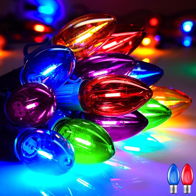 Vintage C9 LED Christmas Lights Outdoor - 50 Feet String with 50 Colored Bulbs Waterproof Connectable Lights for Holiday Party Roofline Backyard Garden Patio Green Wire