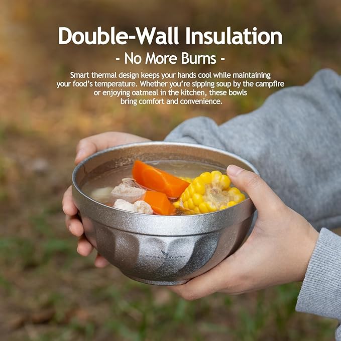 iBasingo 800ML Titanium Bowl Double Wall Insulated Camping Bowl for Soup Rice &amp Food Ultralight Portable &amp Durable Metal Tableware Outdoor Hiking Backpacking - BPA-Free Non-Toxic (Silver)