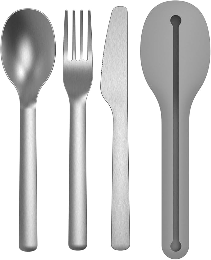 BergHOFF Leo 18/10 Stainless Steel 4Pc Reusable Travel Flatware Set Knife Spoon Fork Sleeve with Silicone Sleeve Dishwasher safe Grey
