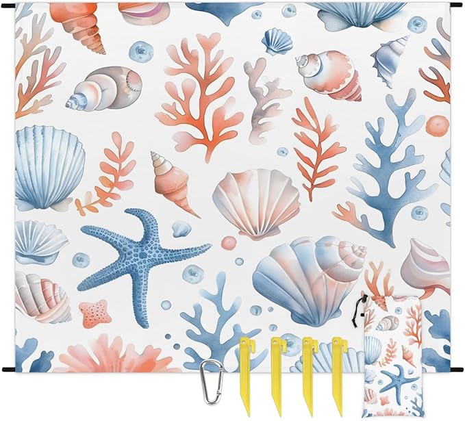 Waterproof Sandproof Beach Blanket 59''×68'' Blue &amp Orange Polyester Outdoor Picnic Blanket with 4 Stakes &amp Storage Bag for BeachCampingVacation Ocean Shell
