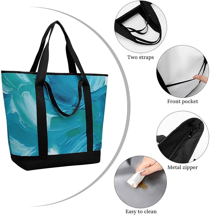 Insulated Shopping BagLarge Reusable Cooler Bags Blue Oil Paint Texture Printed Foldable Shopping BagTravel Waterproof Shoulder Bag