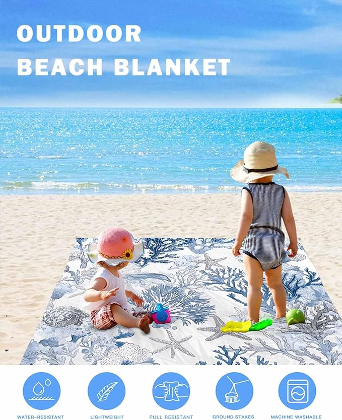 Water Blue Coral Beach Blanket Waterproof Sandproof Summer Marine Life Shell Starfish Beach Mat Quick Drying Outdoor Picnic Mat 118 x 108 for 1-8 Adults Essentials for Travel Camping Hiking
