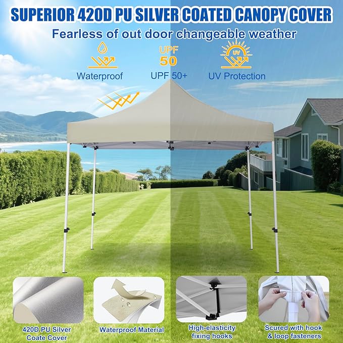 Yesker 10x10 Pop Up Canopy Tent with 4 Sidewalls Portable Folding Outdoor Canopy Easy Setup Gazebo Waterproof Instant Shelter Tent w Wheel Carry Bag sandbag for Events Parties Camping Khaki Brown