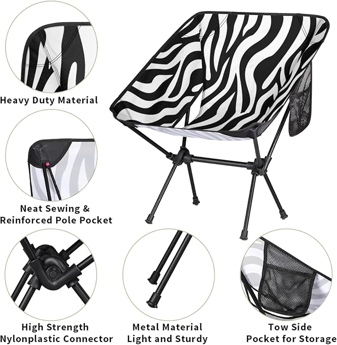 Honeybaby Folding Camping Chair Zebra Animal Print Camping Chairs Lightweight Portable Chair Outdoor Foldable Chairs for Camping Travel Picnic Beach Hiking