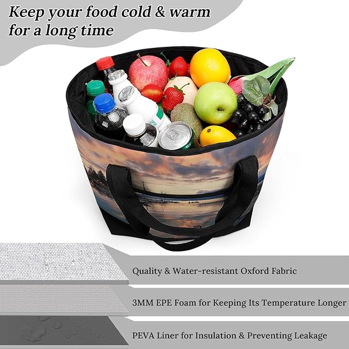 Insulated Shopping BagLarge Reusable Cooler Bags Evening in Vancouver Printed Foldable Shopping BagTravel Waterproof Shoulder Bag