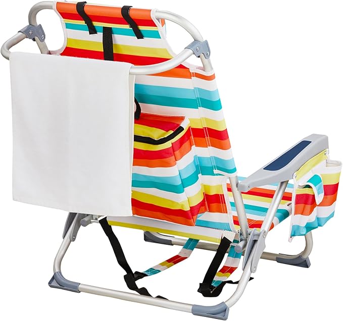 Folding Beach Chair Lightweight Folding Webbed Lawn Beach Chair for Adults with Headrest and Cup HolderLow Beach Chair 5 Position Lay FlatOutdoor ChairCollapsible ChairsRainbow Stripes