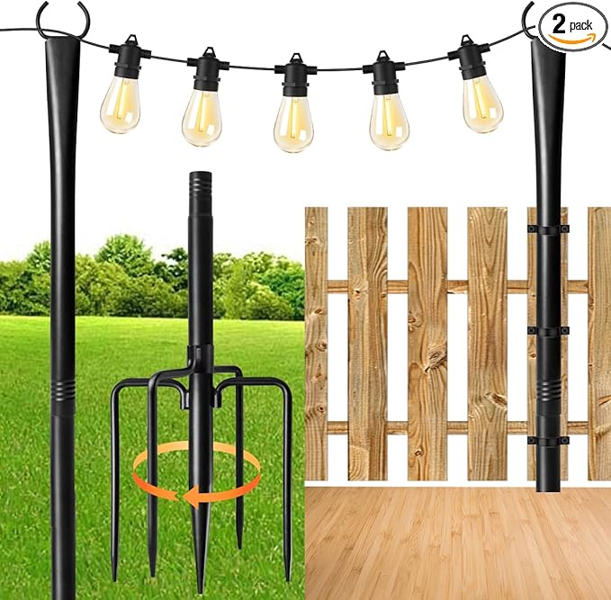 2 Pack 10FT Lighting Hanging Pole for Outside Waterproof Hardened Metal Outdoor String Light Poles for Patio Garden Bistro Wedding Parties