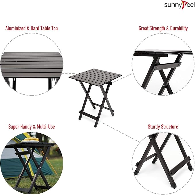 SUNNYFEEL Folding Camping Table - Lightweight Aluminum Portable Picnic Table 18.5x18.5x24.5 Inch for Cooking Beach Hiking Travel Fishing BBQ Indoor Outdoor Small Foldable Camp Tables