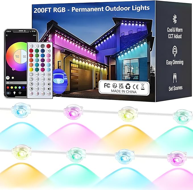 200FT RGB Permanent Outdoor Lights Smart APP &amp Remote Control IP67 Waterproof for Eaves Patio Yard Party Villa 16 Million Colors &amp Scene Modes