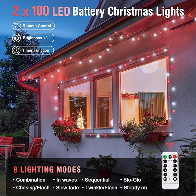 JMEXSUSS 2 Pack Red and White Battery Christmas Lights Each 33ft 100 LED Battery Powered String Lights with Remote for Tree Patio Yard House Party Birthday Outside