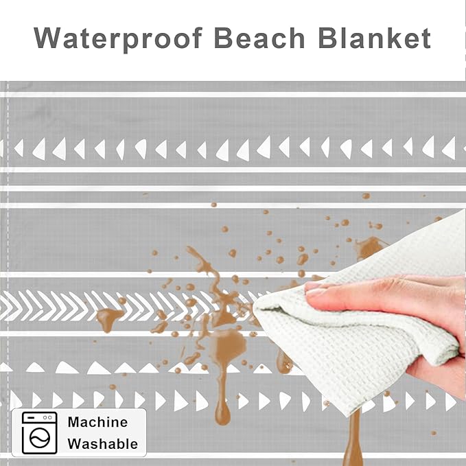 Extra Large 110''×118'' Beach Blanket for 8 Adults Outdoor Beach Mat Sand Free Waterproof with 4 Stakes &amp 4 Corner Pockets Polyester Lightweight Foldable Grey Picnic Mat for Travel Camping Hik