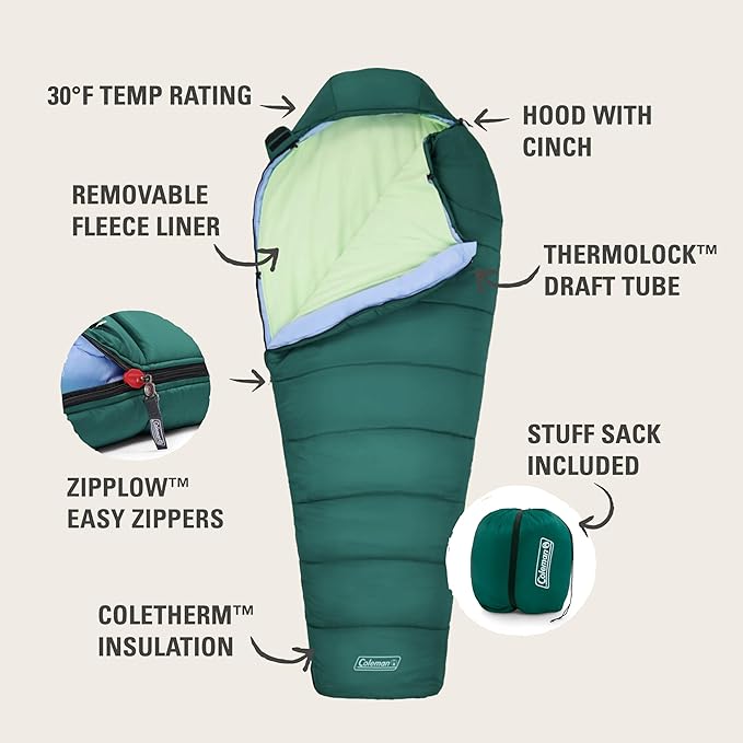 Coleman Cozy 30°F Sleeping Bag with Integrated Removable Fleece Liner Built in Stuff Stack for Easy Storage Easy Zip Easy Clean Green