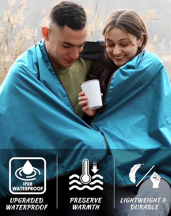 Outdoor Waterproof Camping Blanket - Hooded Fleece Windproof Blanket for Stadium Sporting Events Concert Picnic Car Boat - Packable Camp Blanket for Cold Weather Camping Gear Must Haves…